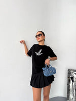 Kadın Kısa Kol Yazlık Tişört Bisiklet Yaka Baskılı Oversize T-Shirt - Siyah
