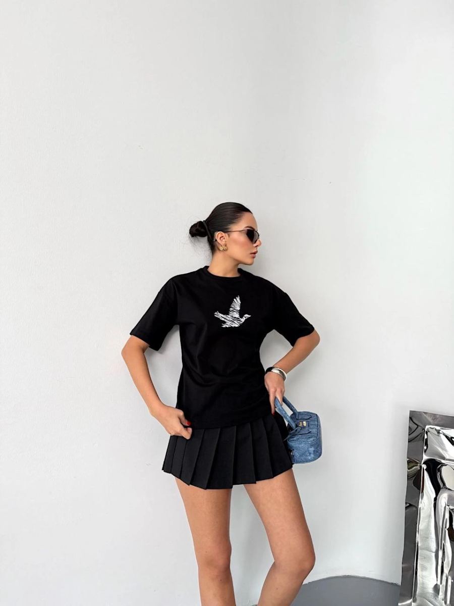 Kadın Kısa Kol Yazlık Tişört Bisiklet Yaka Baskılı Oversize T-Shirt - Siyah