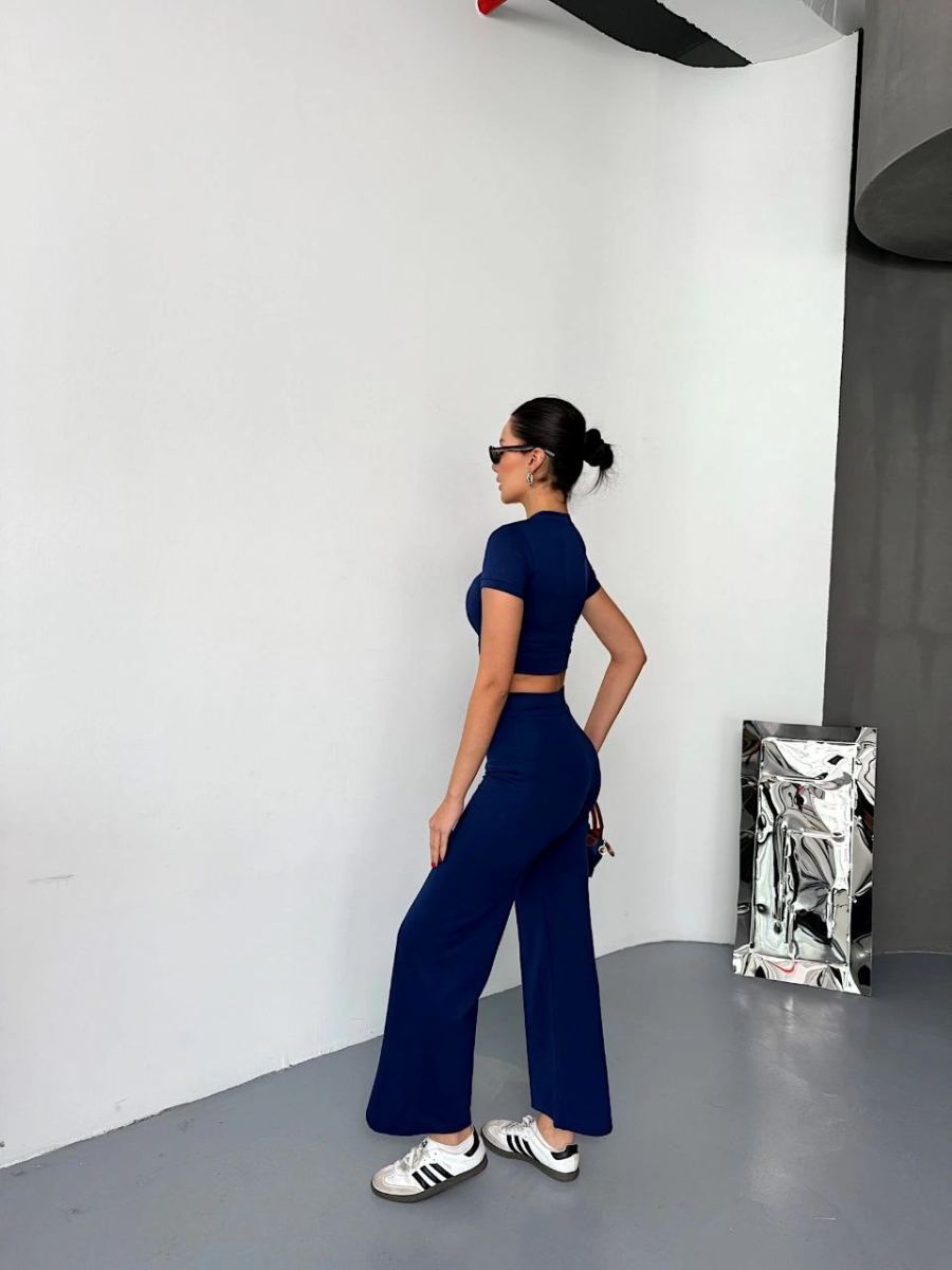 Kadın Osy Modal Yumuşak Kumaş Kısa Kollu Crop Alt ispanyol Paça Pantolon ikili Takım - Lacivert