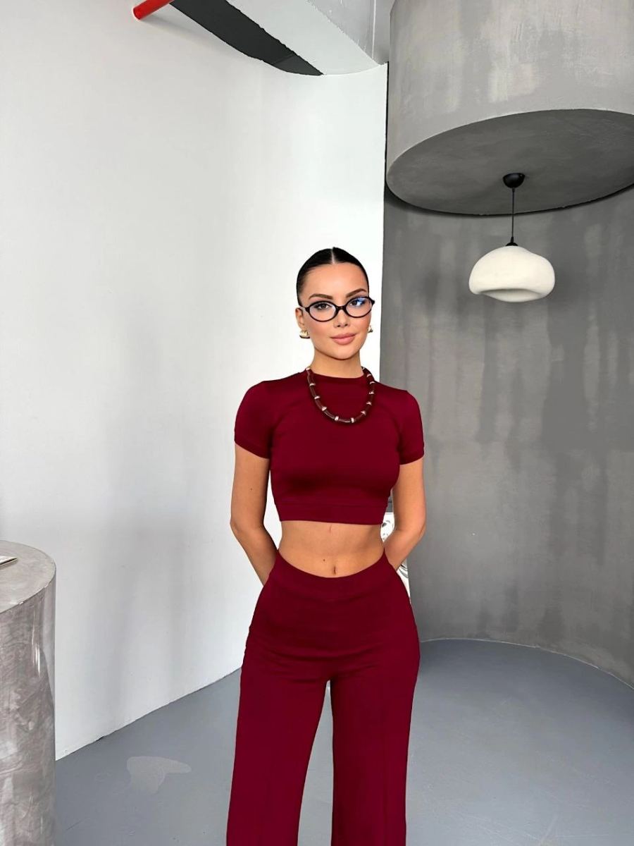 Kadın Osy Modal Yumuşak Dokulu Kumaş Kısa Kollu Crop Alt ispanyol Paça Pantolon ikili Takım - Bordo