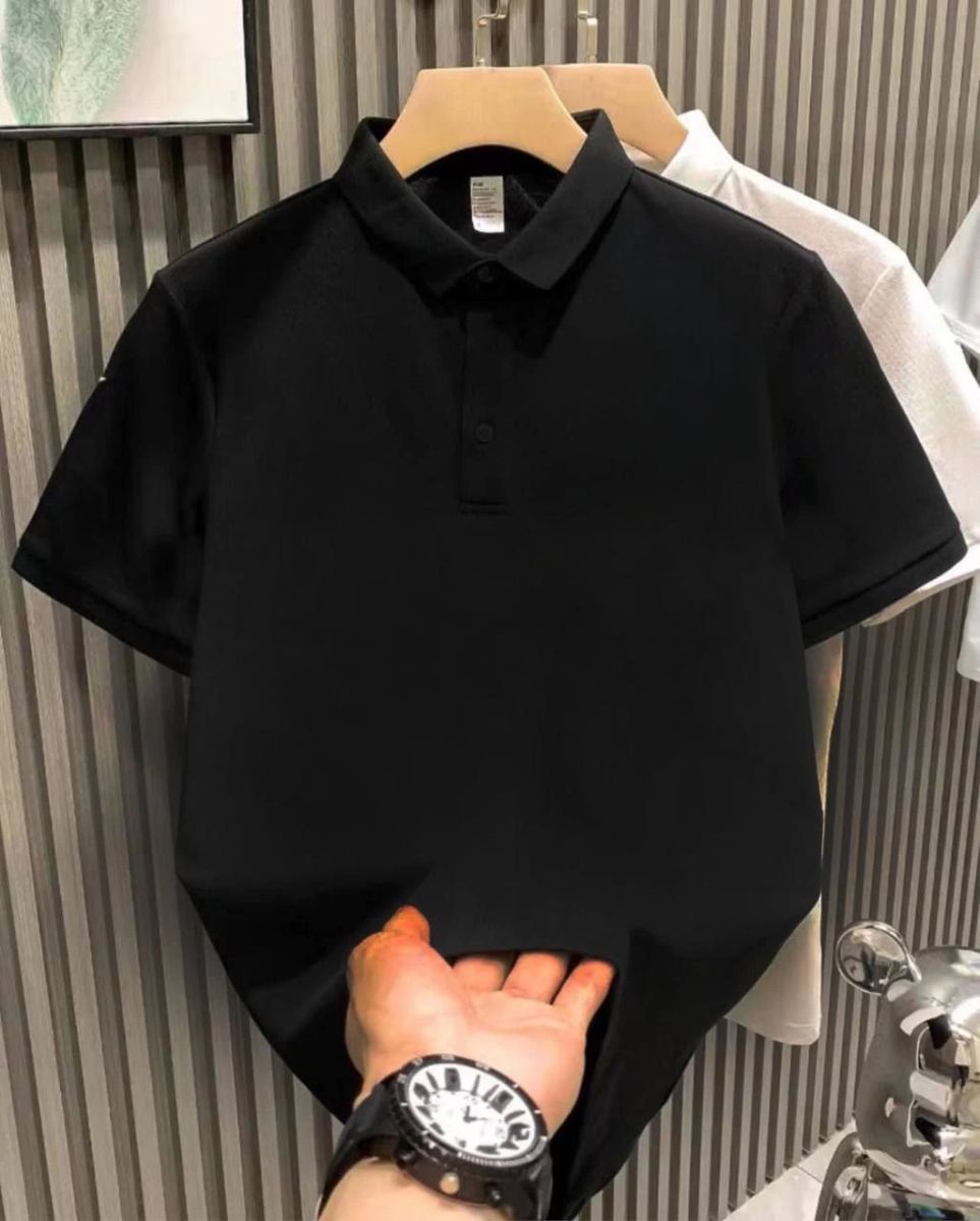 Erkek Polo Yaka Pike Kumaş Yazlık Tişört Düğmeli Düz kısa kol T-Shirt - Siyah