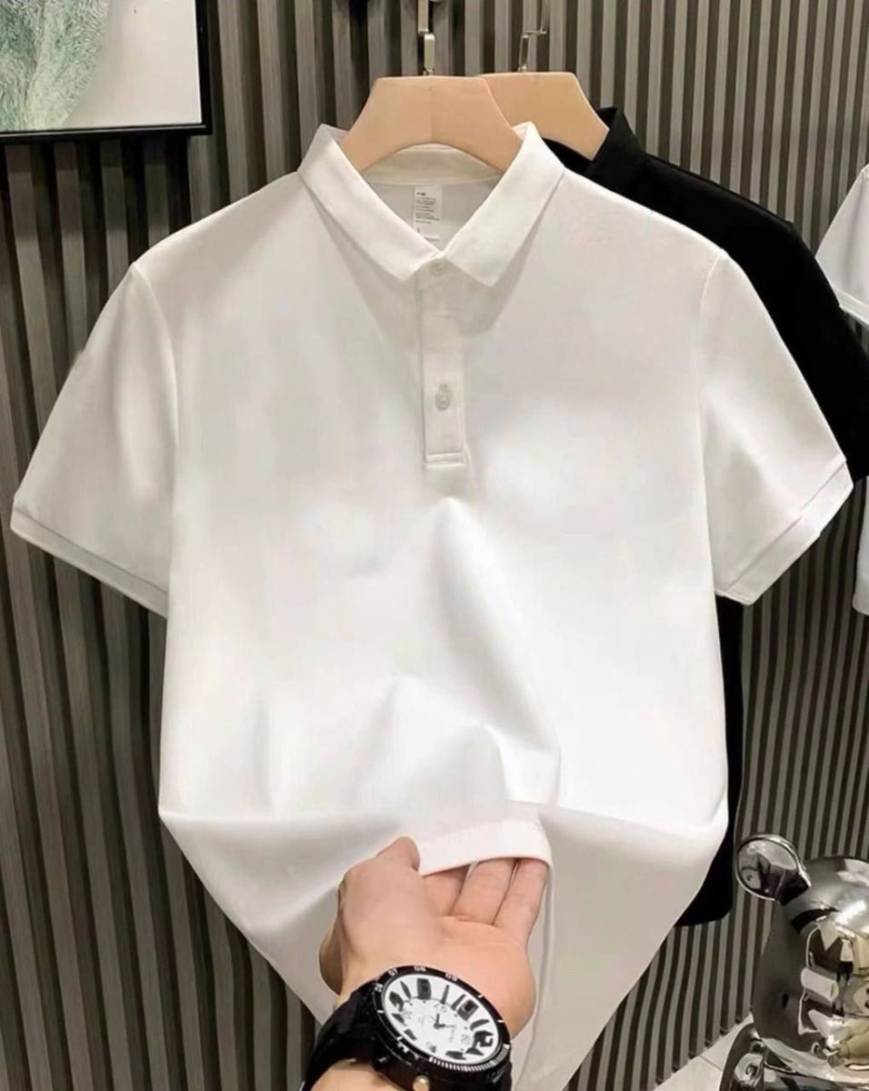 Erkek Polo Yaka Pike Kumaş Yazlık Tişört Düğmeli Düz kısa kol T-Shirt - Beyaz