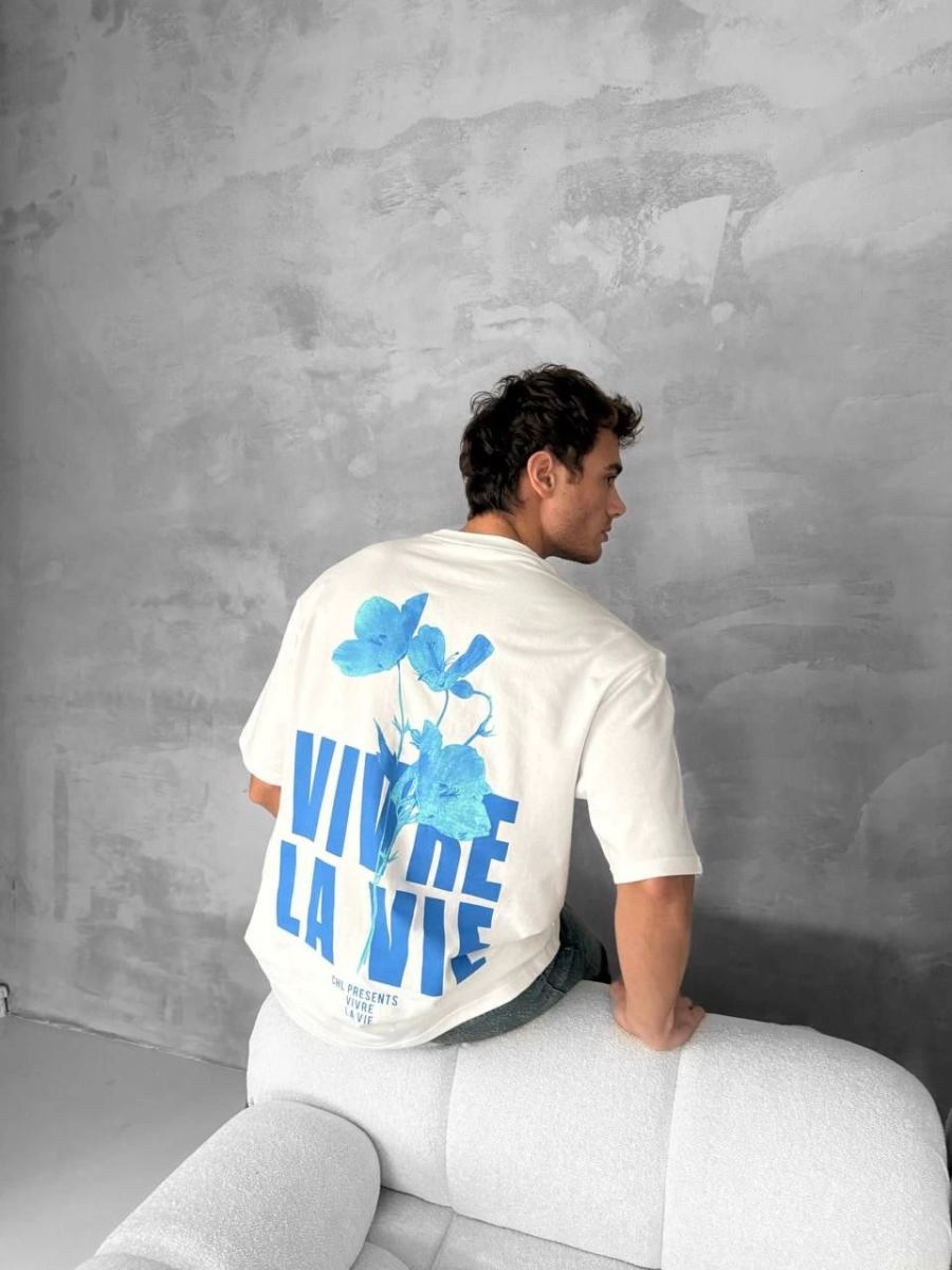 Erkek Ön ve Arka Baskılı T-Shirt Kısa Kol Bisiklet Yaka Regular Fit Tişört - Beyaz