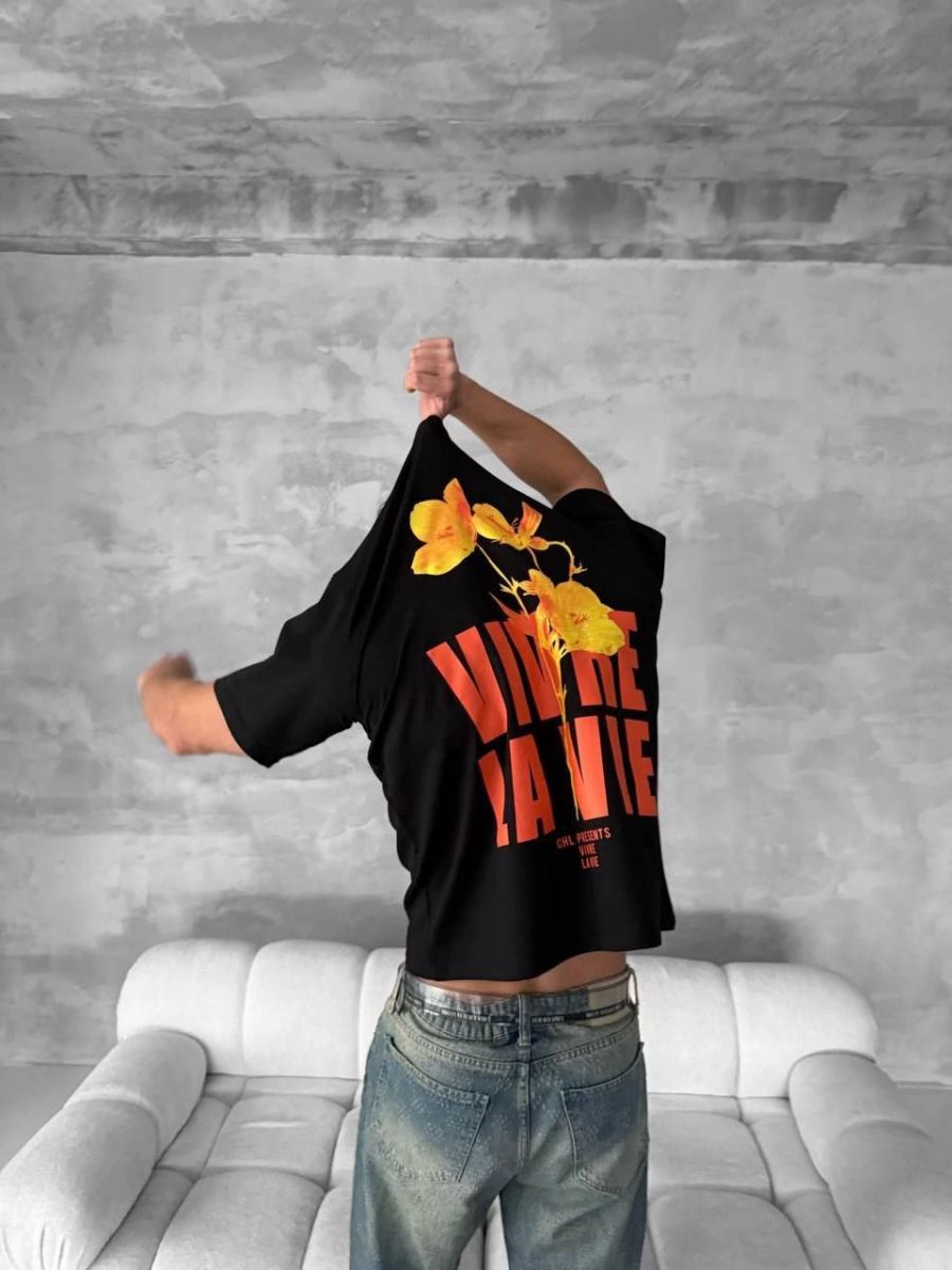 Erkek Ön ve Arka Baskılı T-Shirt Kısa Kol Bisiklet Yaka Regular Fit Tişört - Siyah