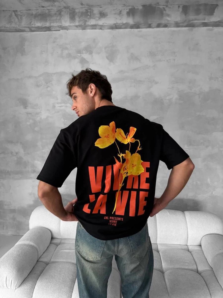 Erkek Ön ve Arka Baskılı T-Shirt Kısa Kol Bisiklet Yaka Regular Fit Tişört - Siyah