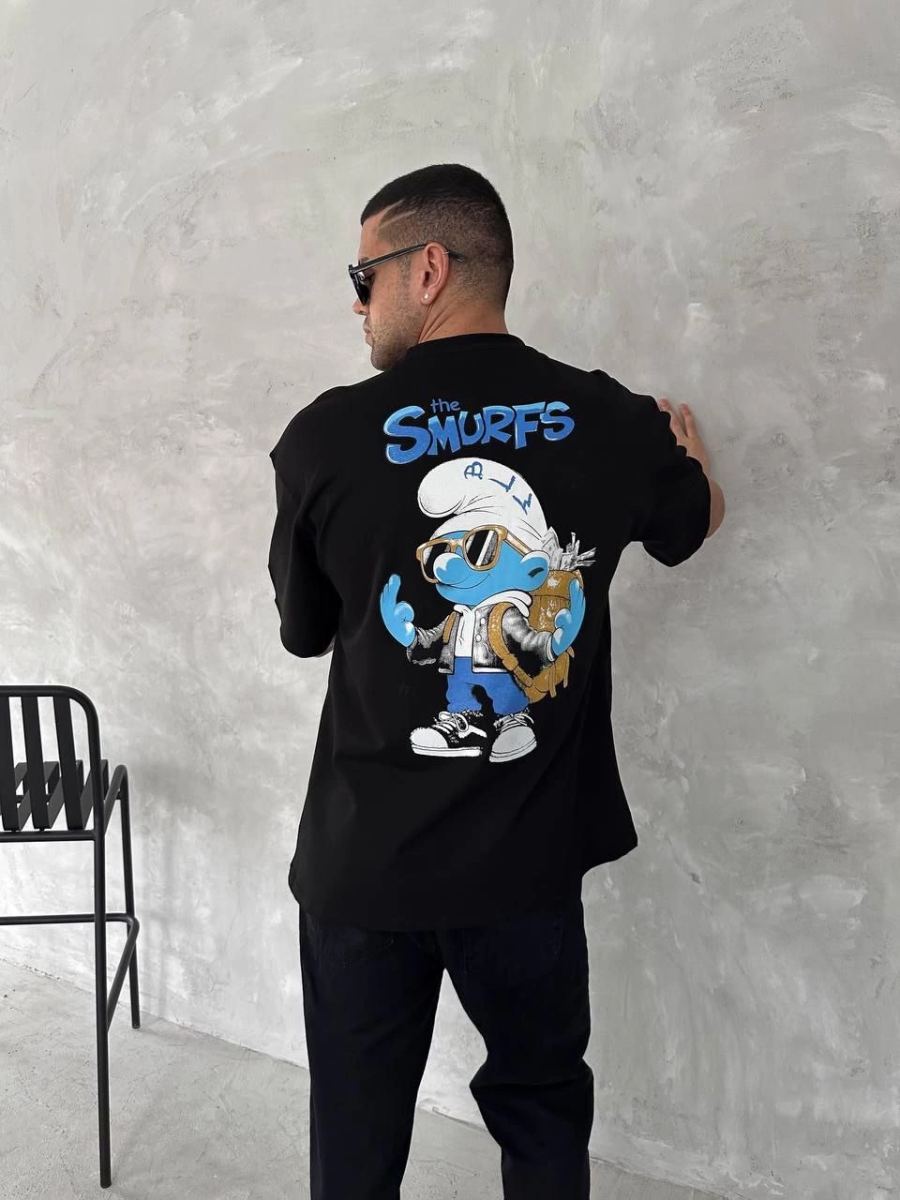Erkek Ön ve Arka Baskılı T-Shirt Kısa Kol Bisiklet Yaka Regular Fit Tişört - Siyah