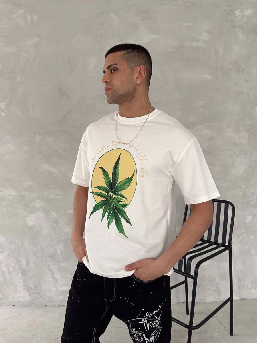 Erkek Kısa Kol Yazlık Tişört Bisiklet Yaka Baskılı Oversize T-Shirt - Beyaz