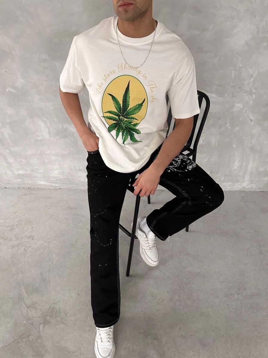 Erkek Kısa Kol Yazlık Tişört Bisiklet Yaka Baskılı Oversize T-Shirt - Beyaz