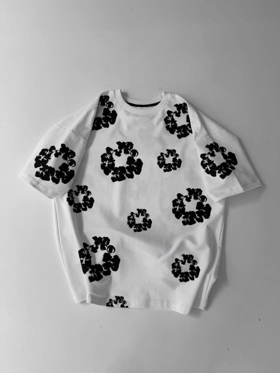 Erkek Tişört Ön ve Arka Baskılı Oversize Bisiklet Yaka T-shirt- Beyaz