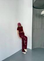 Kadın Osy Modal Yumuşak Dokulu Kumaş Nakış işlemeli Rahat Bol Paça Eşofman Pantolon - Bordo