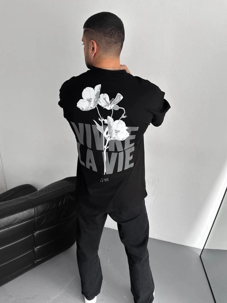 Erkek Ön ve Arka Baskılı T-Shirt Kısa Kol Bisiklet Yaka Regular Fit Tişört -  Siyah