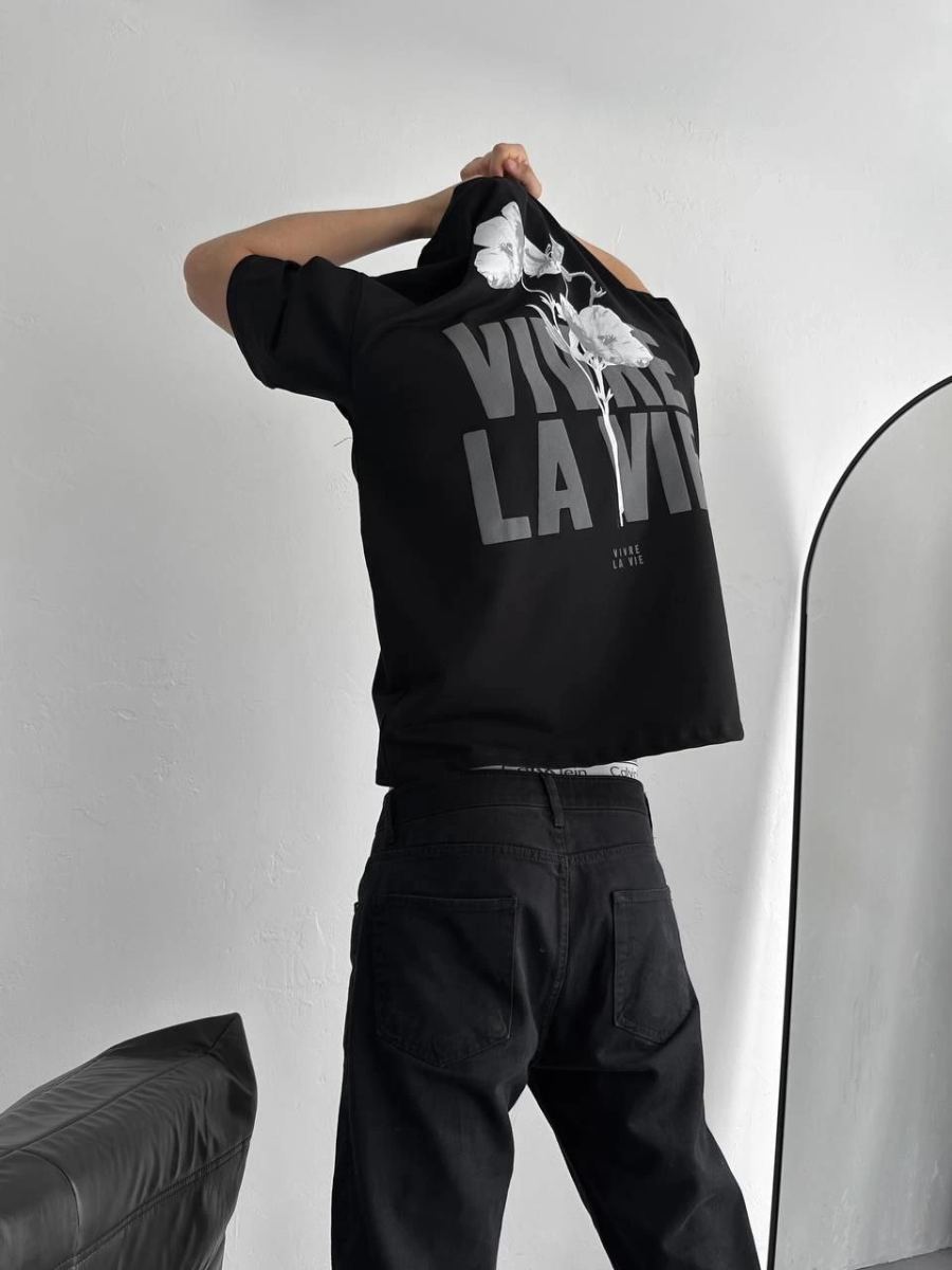 Erkek Ön ve Arka Baskılı T-Shirt Kısa Kol Bisiklet Yaka Regular Fit Tişört -  Siyah
