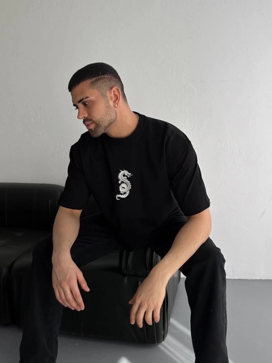Erkek Ön ve Arka Baskılı T-Shirt Kısa Kol Bisiklet Yaka Regular Fit Tişört - Siyah