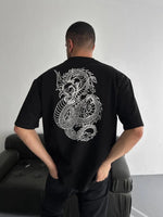 Erkek Ön ve Arka Baskılı T-Shirt Kısa Kol Bisiklet Yaka Regular Fit Tişört - Siyah
