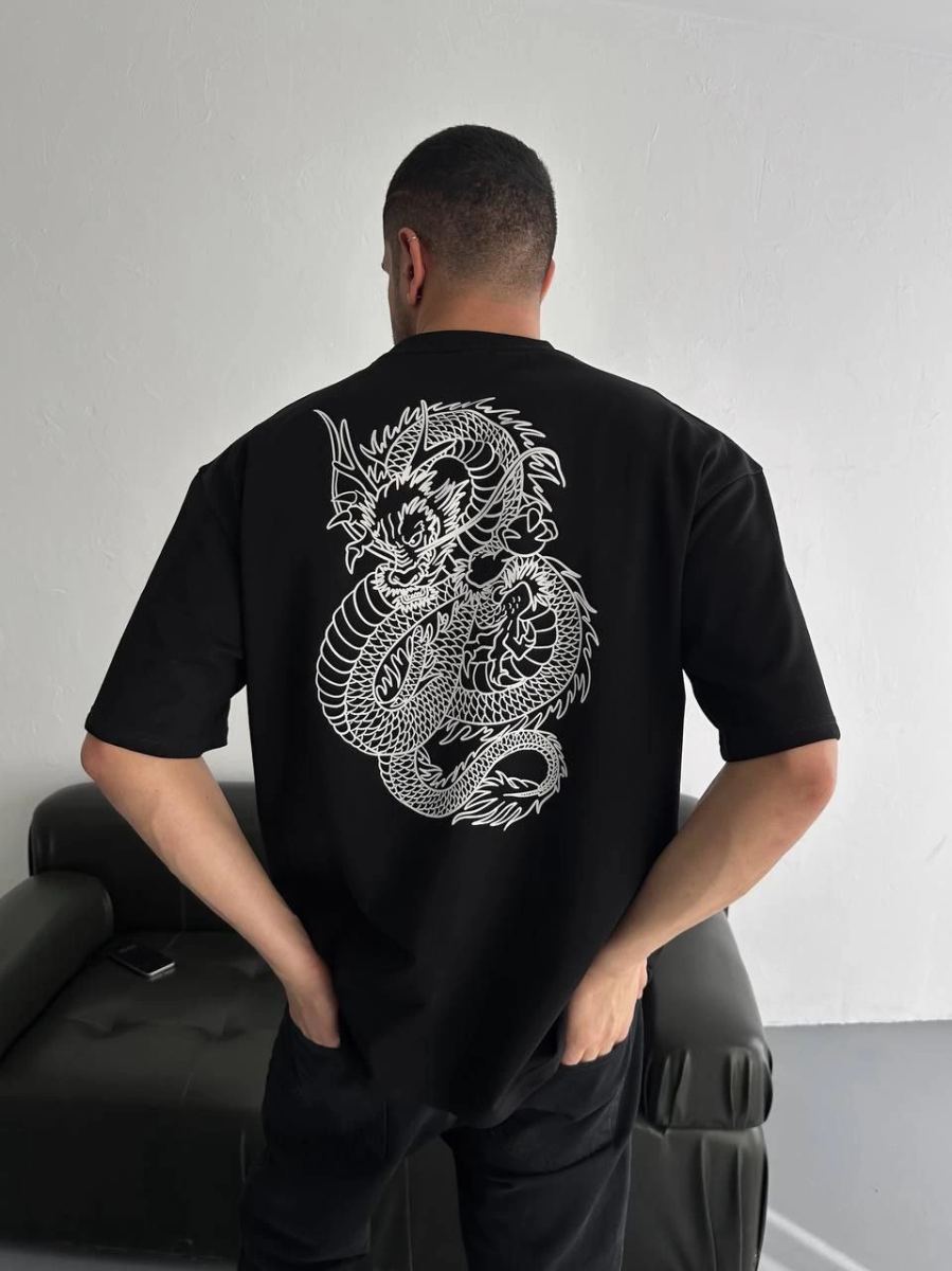 Erkek Ön ve Arka Baskılı T-Shirt Kısa Kol Bisiklet Yaka Regular Fit Tişört - Siyah