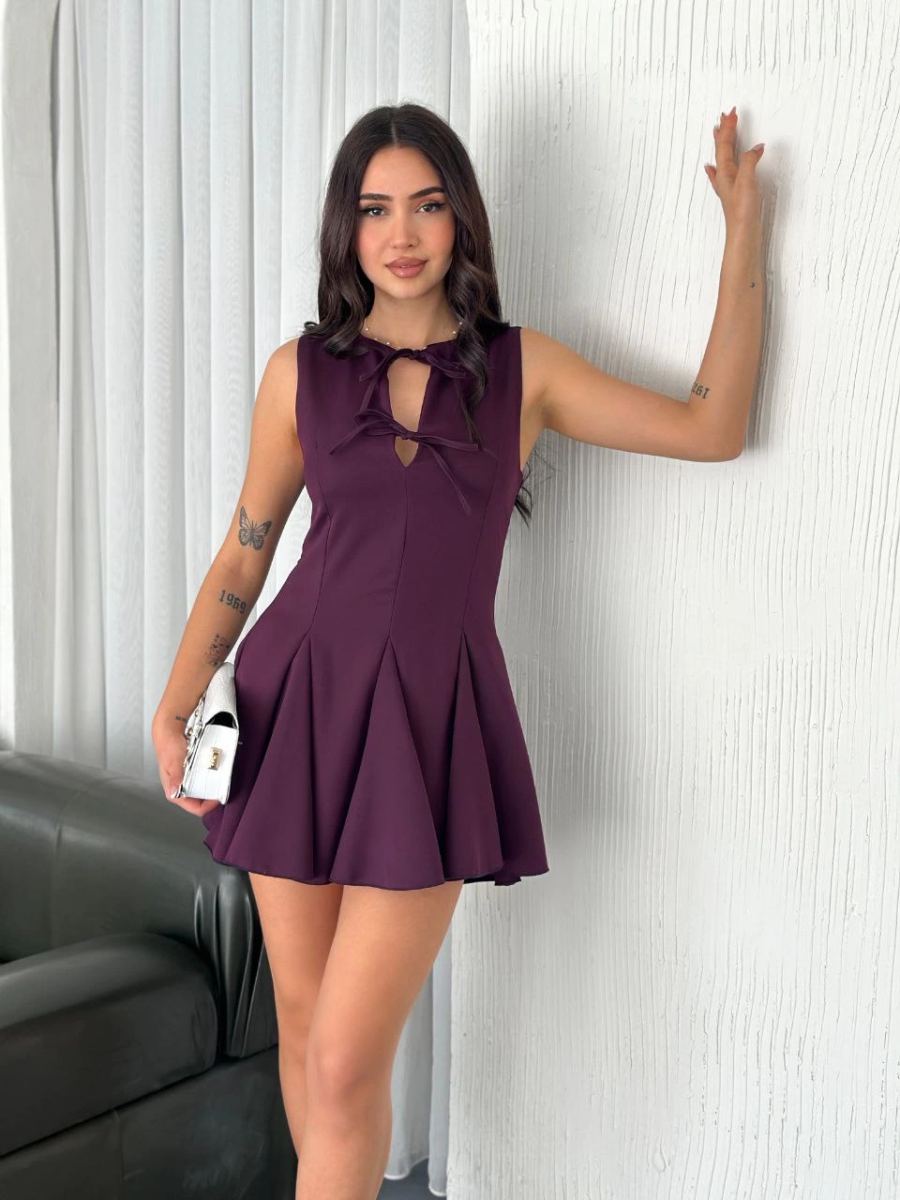 Kadın Göğüs Bağlamalı Kolsuz Mini Boy Elbise - Gül Kurusu