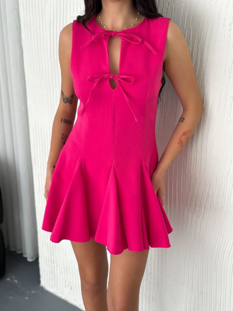 Kadın Göğüs Bağlamalı Kolsuz Mini Boy Elbise - Pembe