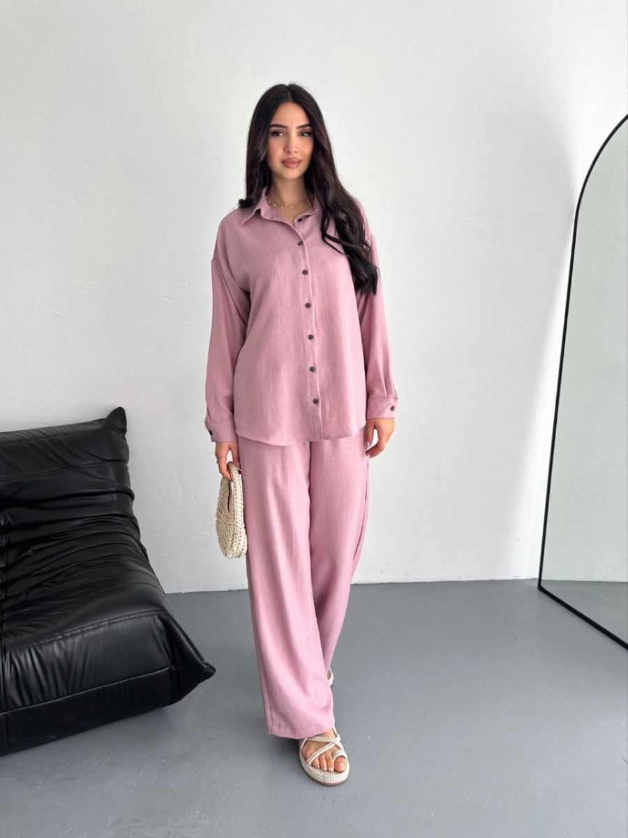 Kadın Gömlek Pantolon ikili Alt-Üst Takım - Toz Pembe