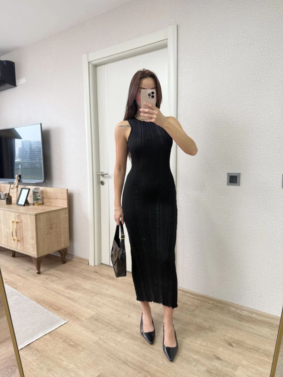 Kadın Fitilli Triko Elbise Kolsuz Sırtı Kapalı Maxi Uzun Boy - Siyah