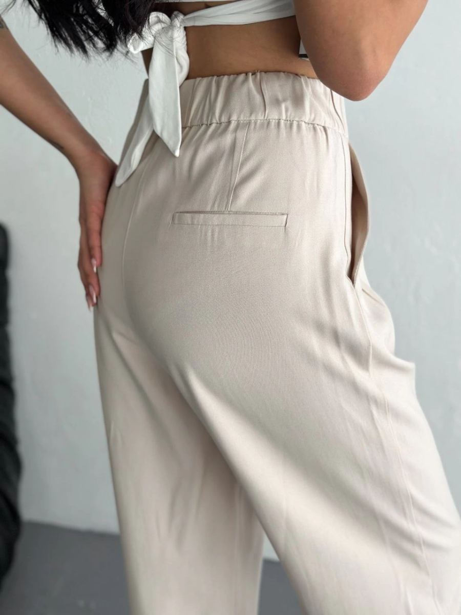 Kadın Yüksel Bel Beli Bağcıklı Rahat Boru Paça Pantolon - Kırık Beyaz