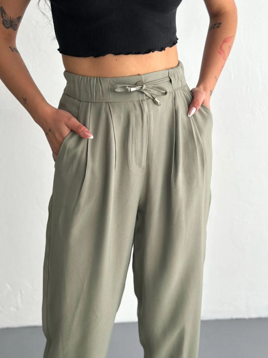 Kadın Yüksel Bel Beli Bağcıklı Cepli Rahat Paça Pantolon - Su Yeşili