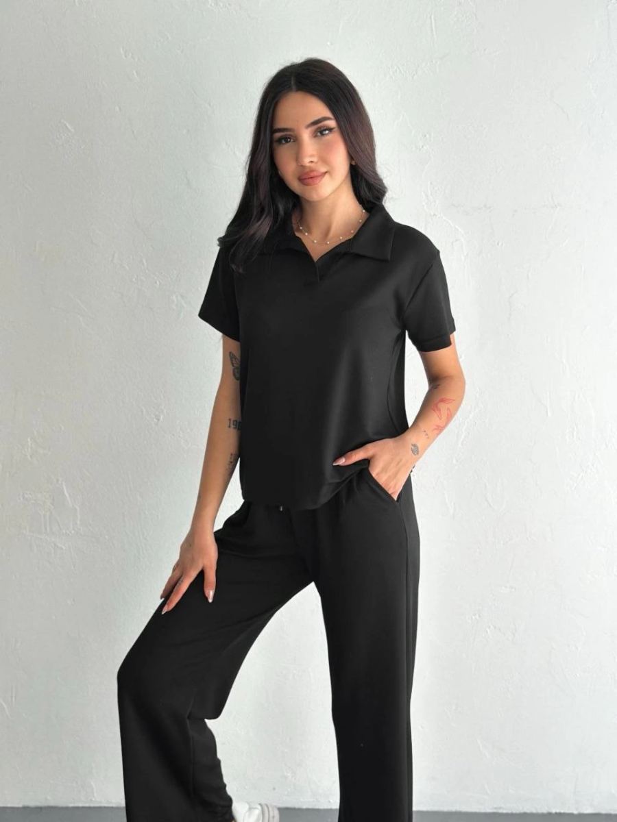 Kadın Osy Modal Yumuşak Dokulu Kumaş Kısa Kollu Yakalı T-shirt Pantolon ikili Takım- Siyah