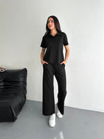 Kadın Osy Modal Yumuşak Dokulu Kumaş Kısa Kollu Yakalı T-shirt Pantolon ikili Takım- Siyah