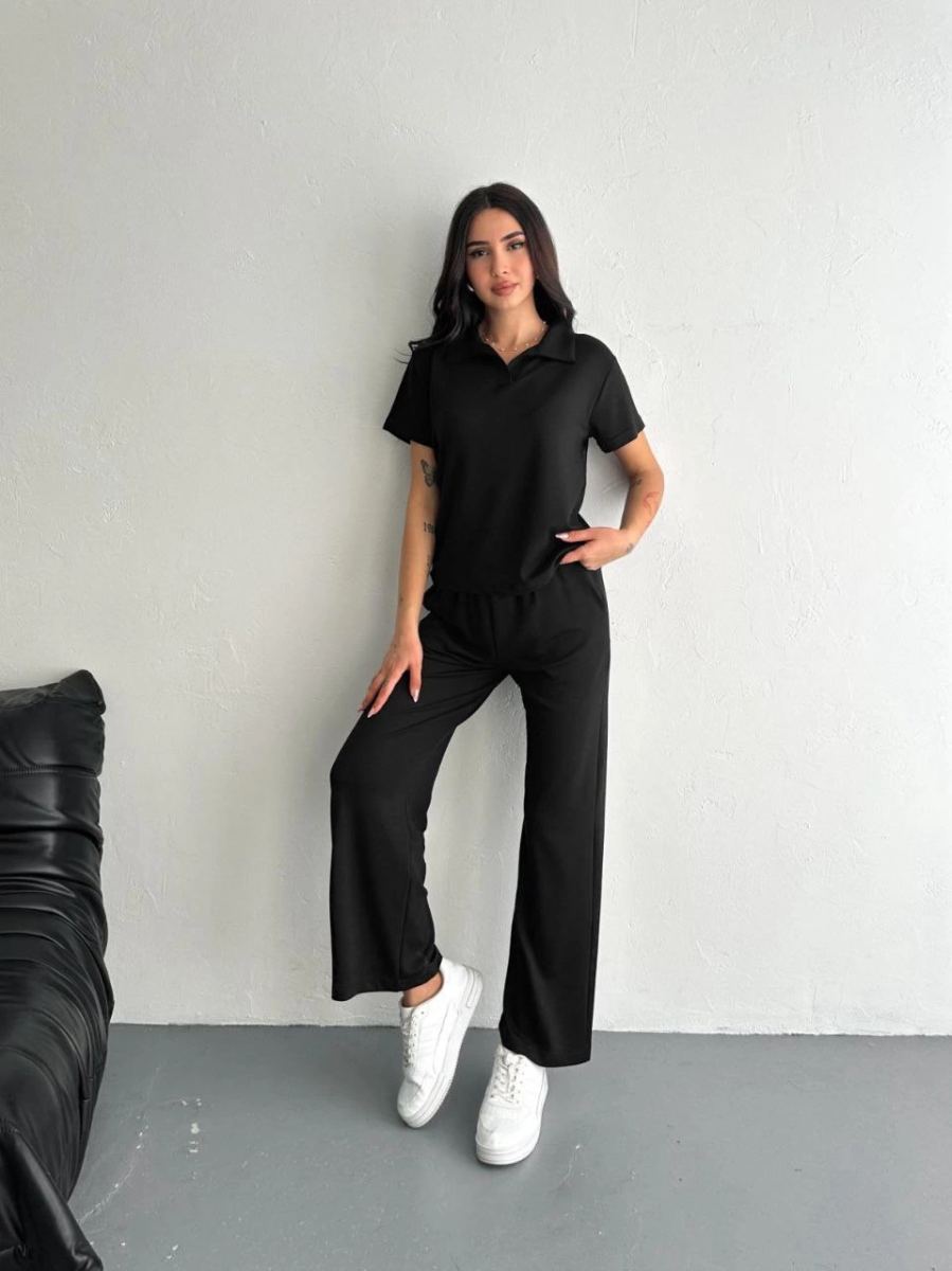 Kadın Osy Modal Yumuşak Dokulu Kumaş Kısa Kollu Yakalı T-shirt Pantolon ikili Takım- Siyah