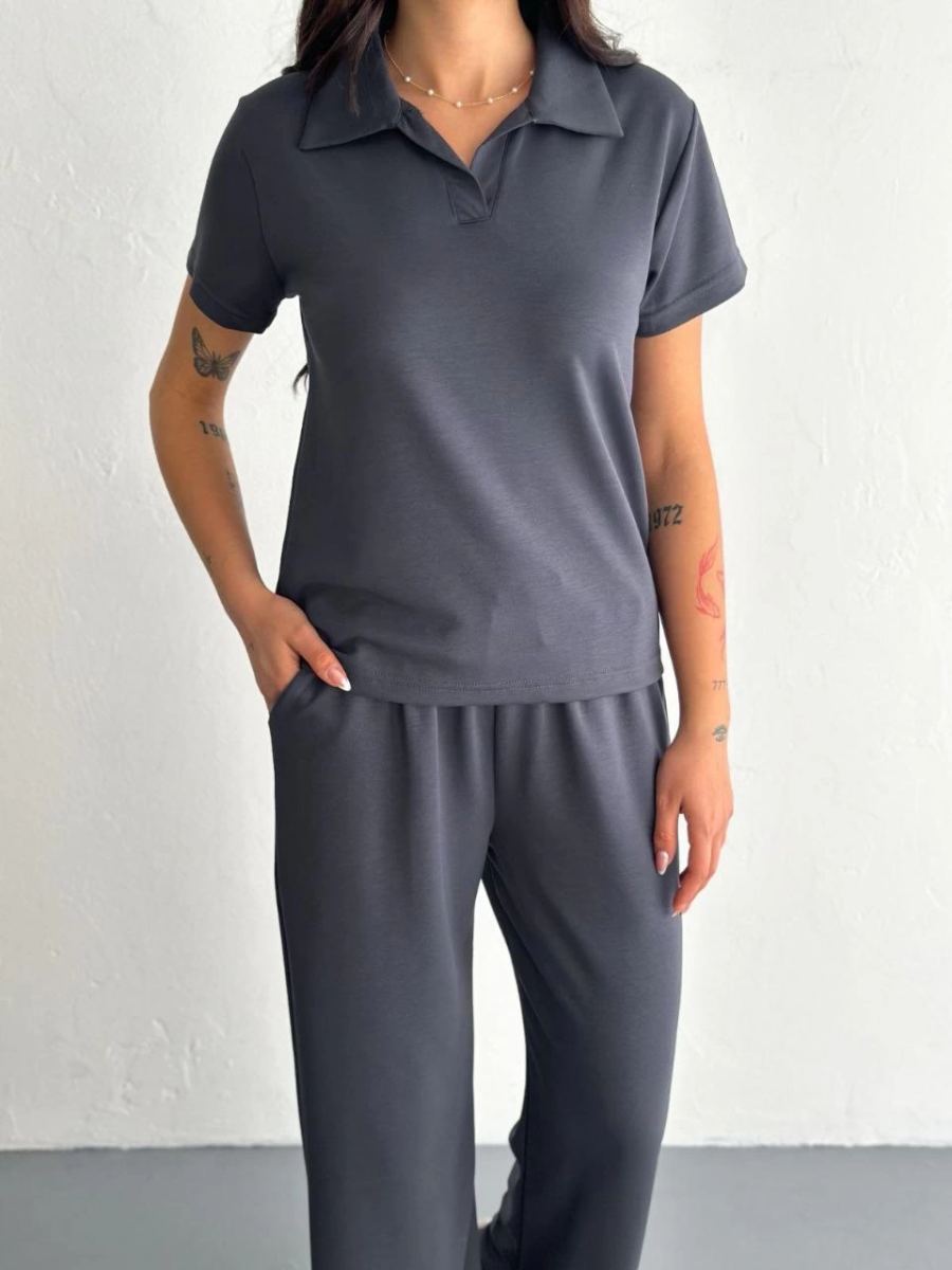 Kadın Osy Modal Yumuşak Dokulu Kumaş Kısa Kollu Yakalı T-shirt Pantolon ikili Takım- Antrasit