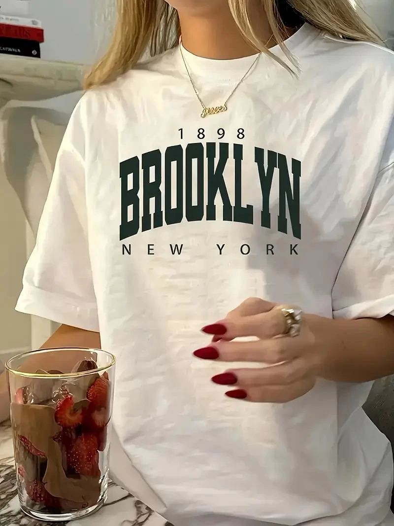 Kadın Tişört Bisiklet Yaka Brooklyn Baskılı Kısa Kollu T-shirt - Beyaz