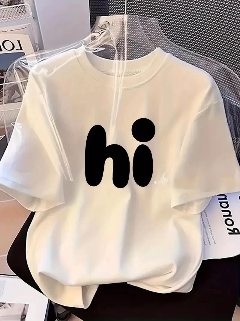 Kadın Kısa Kol Yazlık Tişört Bisiklet Yaka hi Baskılı T-Shirt - Beyaz