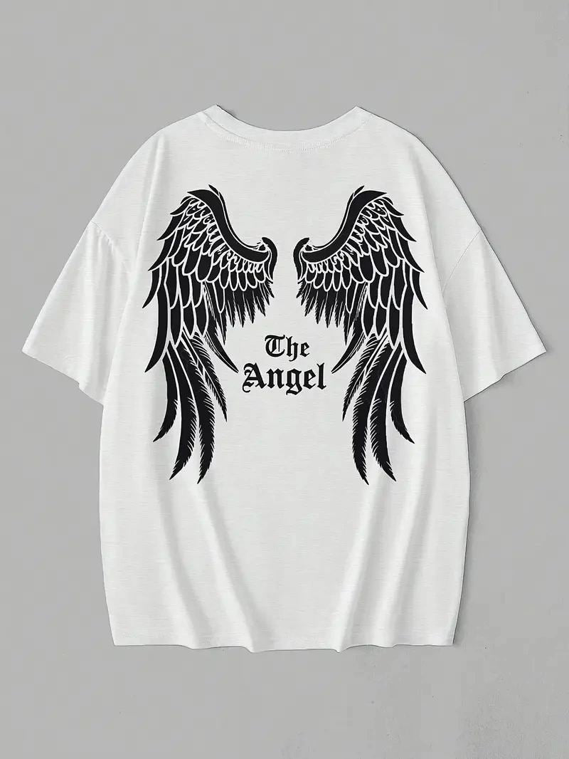 Kadın Kısa Kol Tişört Bisiklet Yaka Angel Melek Kanadı Baskılı T-Shirt - Beyaz