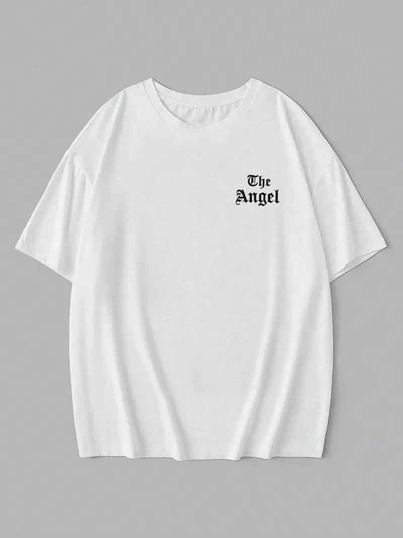 Kadın Kısa Kol Tişört Bisiklet Yaka Angel Melek Kanadı Baskılı T-Shirt - Beyaz