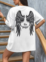 Kadın Kısa Kol Tişört Bisiklet Yaka Angel Melek Kanadı Baskılı T-Shirt - Beyaz