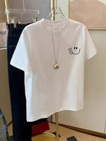Kadın Gülücük Baskılı Tişört Kısa Kol Bisiklet Yaka Oversize T-Shirt - Beyaz
