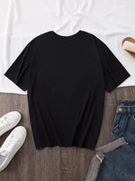 Kadın Kısa Kol Yazlık Tişört Bisiklet Yaka Baskılı Oversize T-Shirt - Siyah