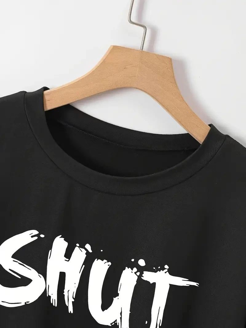 Kadın Tişört Shut Up Baskılı Kısa Kol Bisiklet Yaka T-Shirt - Siyah