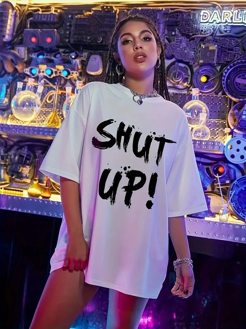 Kadın Shut Up Baskılı Tişört Kısa Kol Bisiklet Yaka Oversize T-Shirt - Beyaz
