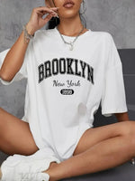 Kadın Brooklyn Baskılı Tişört Kısa Kol Bisiklet Yaka Oversize T-Shirt - Beyaz
