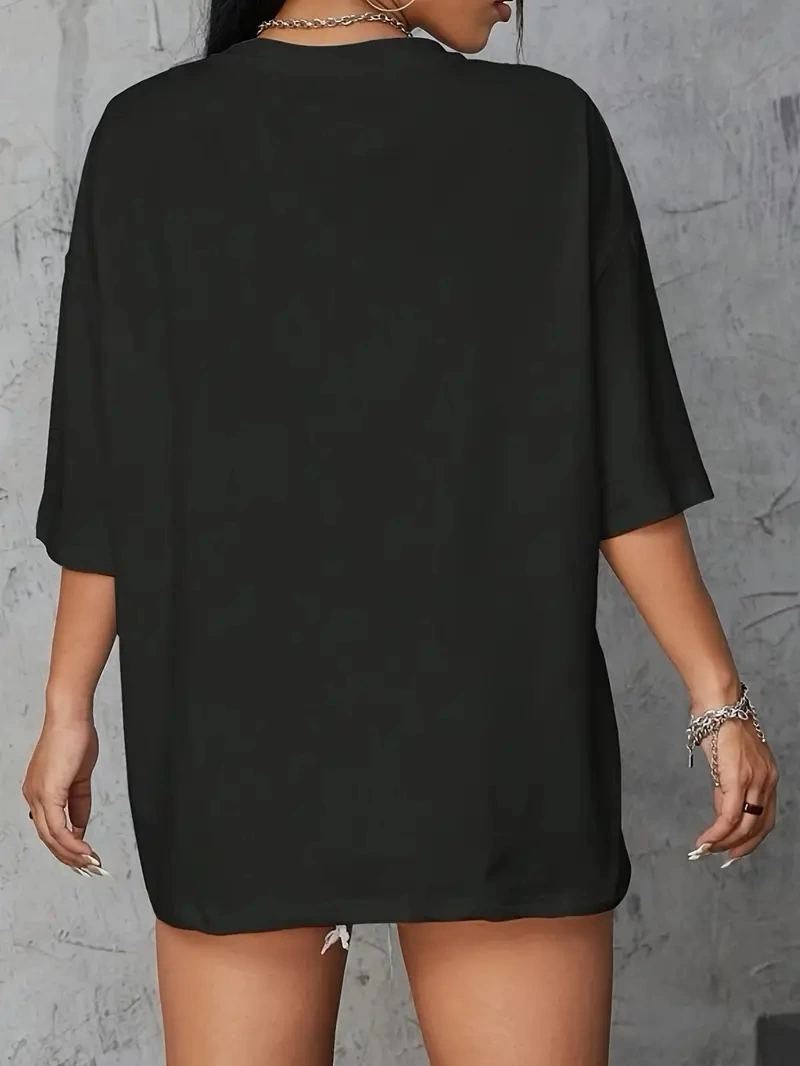 Kadın Kahve Desen Baskılı Tişört Kısa Kol Bisiklet Yaka Oversize T-Shirt - Siyah