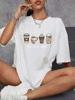 Kadın Kahve Desen Baskılı Tişört Kısa Kol Bisiklet Yaka Oversize T-Shirt - Beyaz