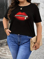 Kadın Kısa Kol Yazlık Tişört Bisiklet Yaka Dudak Baskılı T-Shirt - Siyah