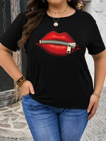 Kadın Kısa Kol Yazlık Tişört Bisiklet Yaka Dudak Baskılı T-Shirt - Siyah