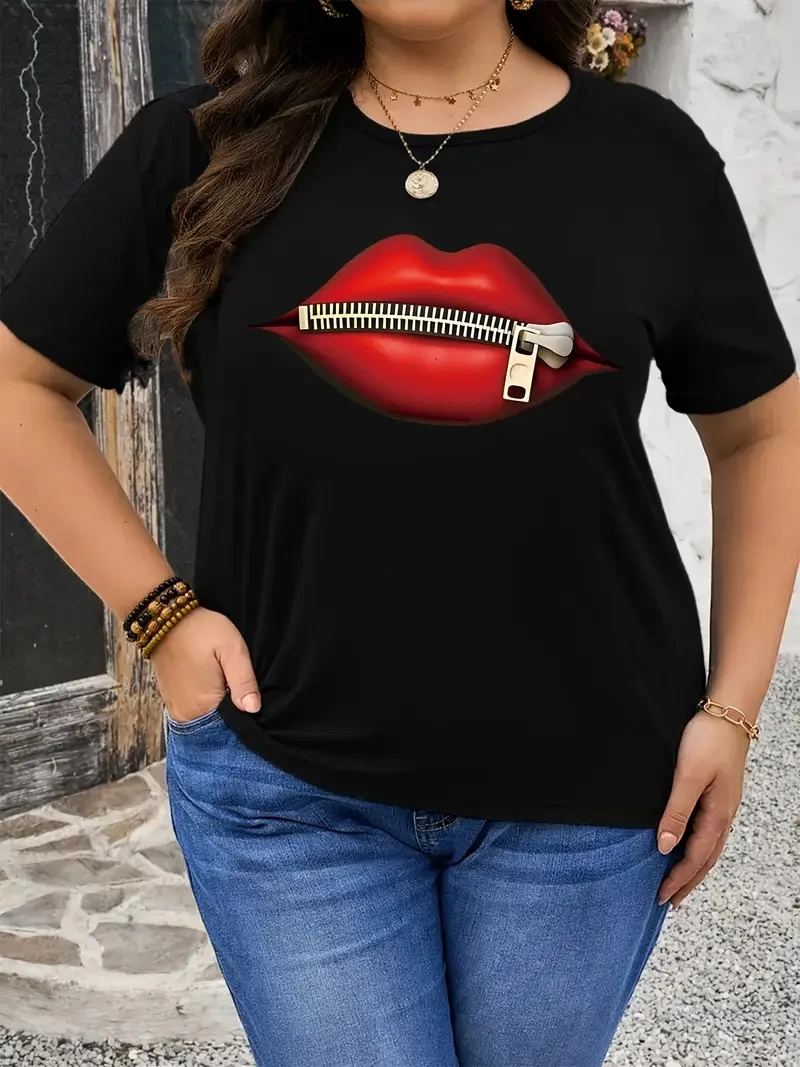 Kadın Kısa Kol Yazlık Tişört Bisiklet Yaka Dudak Baskılı T-Shirt - Siyah