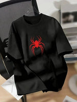 Kadın Kısa Kol Yazlık Tişört Bisiklet Yaka Spider Baskılı T-Shirt - Siyah