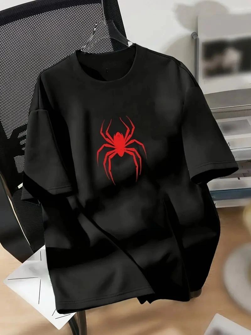 Kadın Kısa Kol Yazlık Tişört Bisiklet Yaka Spider Baskılı T-Shirt - Siyah