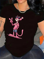 Kadın Tişört Pembe Panter Baskılı Bisiklet Yaka Kısa Kol T-shirt - Beyaz