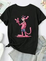 Kadın Tişört Pembe Panter Baskılı Bisiklet Yaka Kısa Kol T-shirt - Beyaz