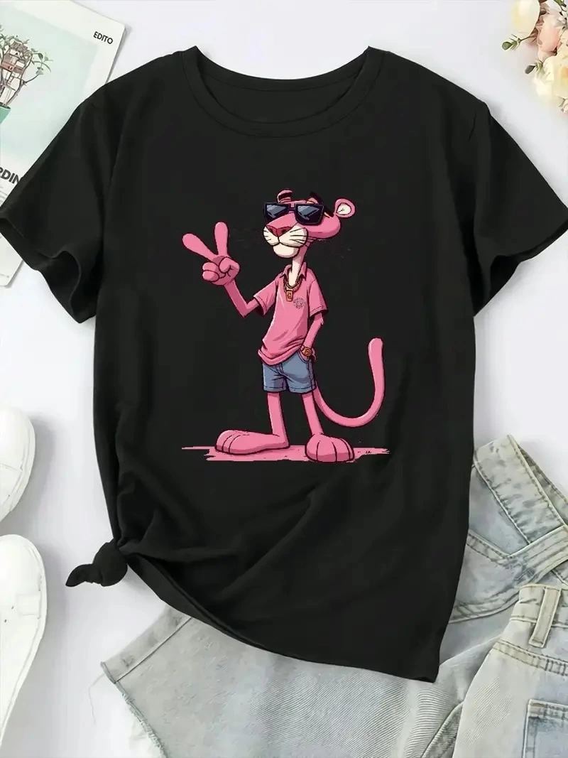 Kadın Tişört Pembe Panter Baskılı Bisiklet Yaka Kısa Kol T-shirt - Beyaz