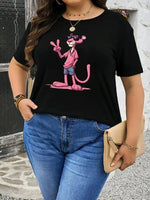 Kadın Tişört Pembe Panter Baskılı Bisiklet Yaka Kısa Kol T-shirt - Beyaz